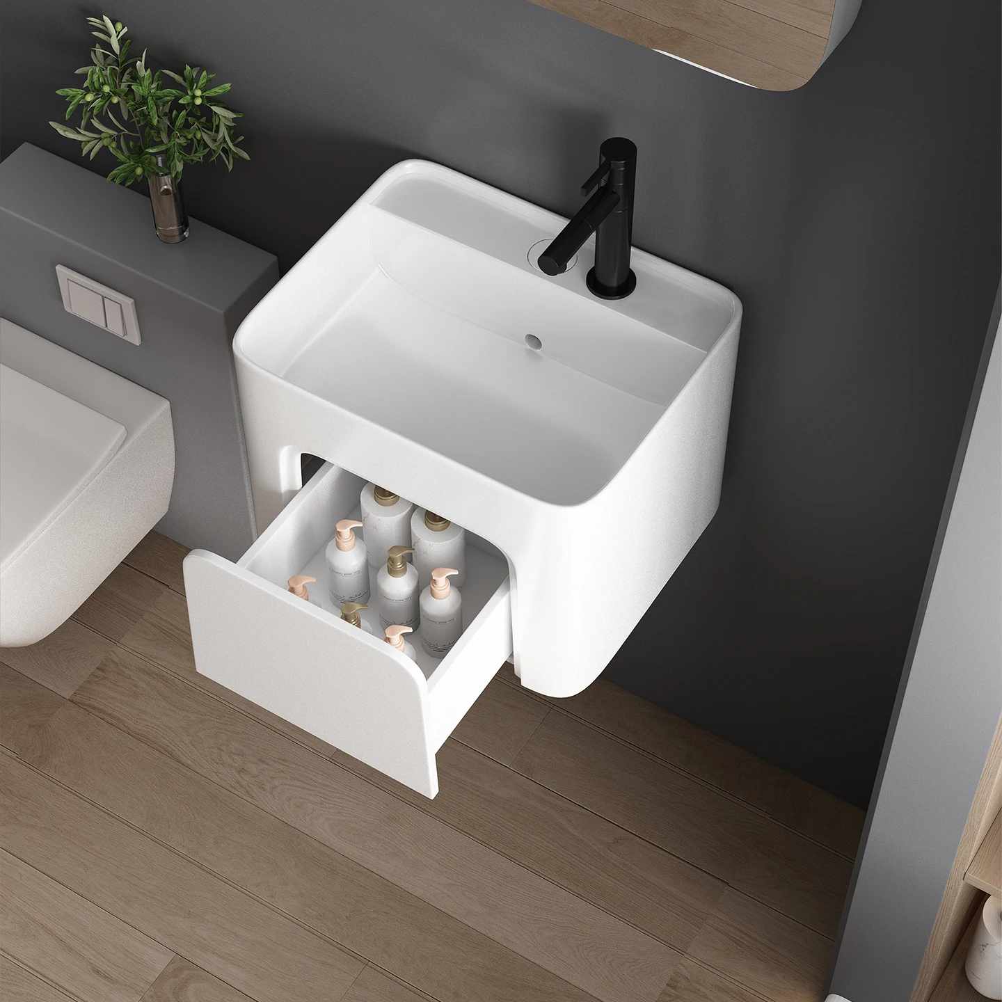 Wall hung integrated ceramic wash basin with drawer waterproof floating vanity sink cabinet bathroom furniture