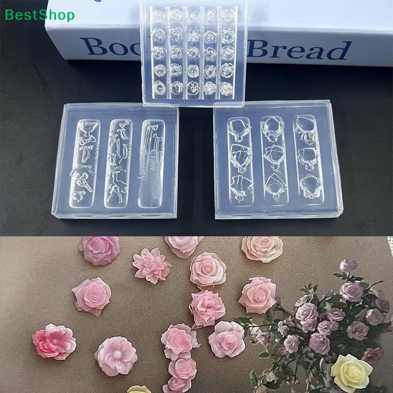 ✂Bow & Rose Nail Art Silicone Molds,3D Carving Stencils for UV/Polymer Gel, DIY Manicure Decorations