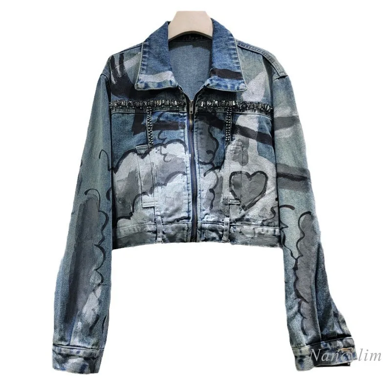 2024 Autumn New Heavy Industry Beads Diamond Design Denim Jacket Women Loose Long Sleeve Handmade Graffiti Denim Coat Street