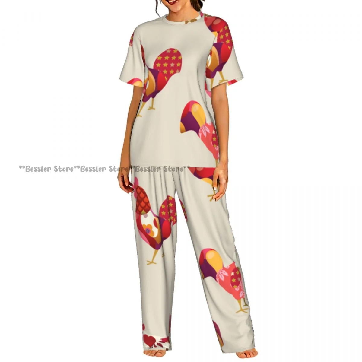

Women's Pajamas Set Colorful Roosters Symbol Short Sleeve Sleepwear 2 Piece Homewear Loungewear