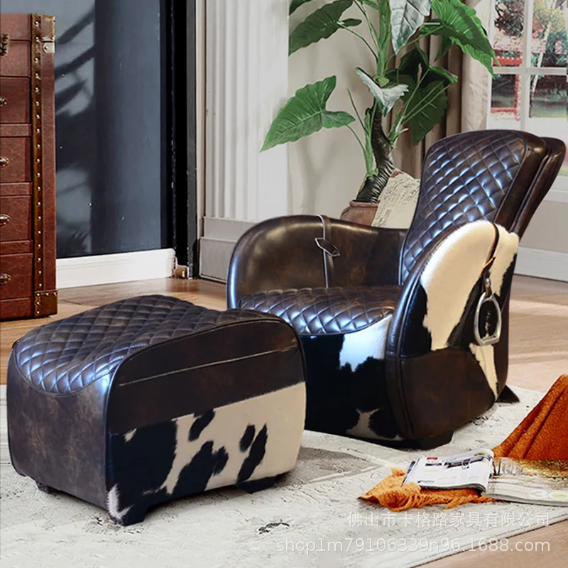 

Chair milk cowhide living room recliner leather whiskey cigar bar creative saddle