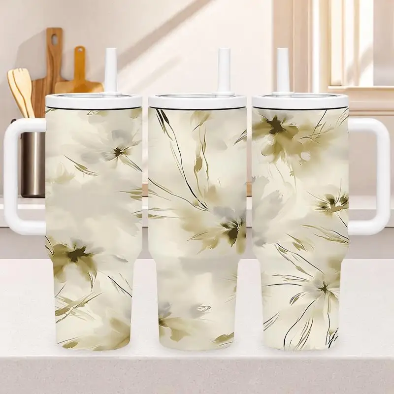 1pc 40oz 304 Stainless Steel Hand-held Cup Elegant Beige Floral Pattern Print Insulated Tumbler with Handle And Straw for Home Office Car Travel Daily Use Suitable Gifts for Halloween Christmas And Other Special Festivals