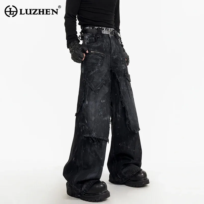 LUZHEN Original Wornout Vintage Patchwork Design Straight Jeans Men's 2024 New Niche Thicken Wide Leg Loose Denim Pants LZ8348