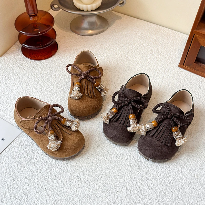 

Tassel Bead Decoration Suede Children's Casual Leather Shoes Autumn 2025 Girls' Comfortable Soft Bottom Anti Slip Single Shoe
