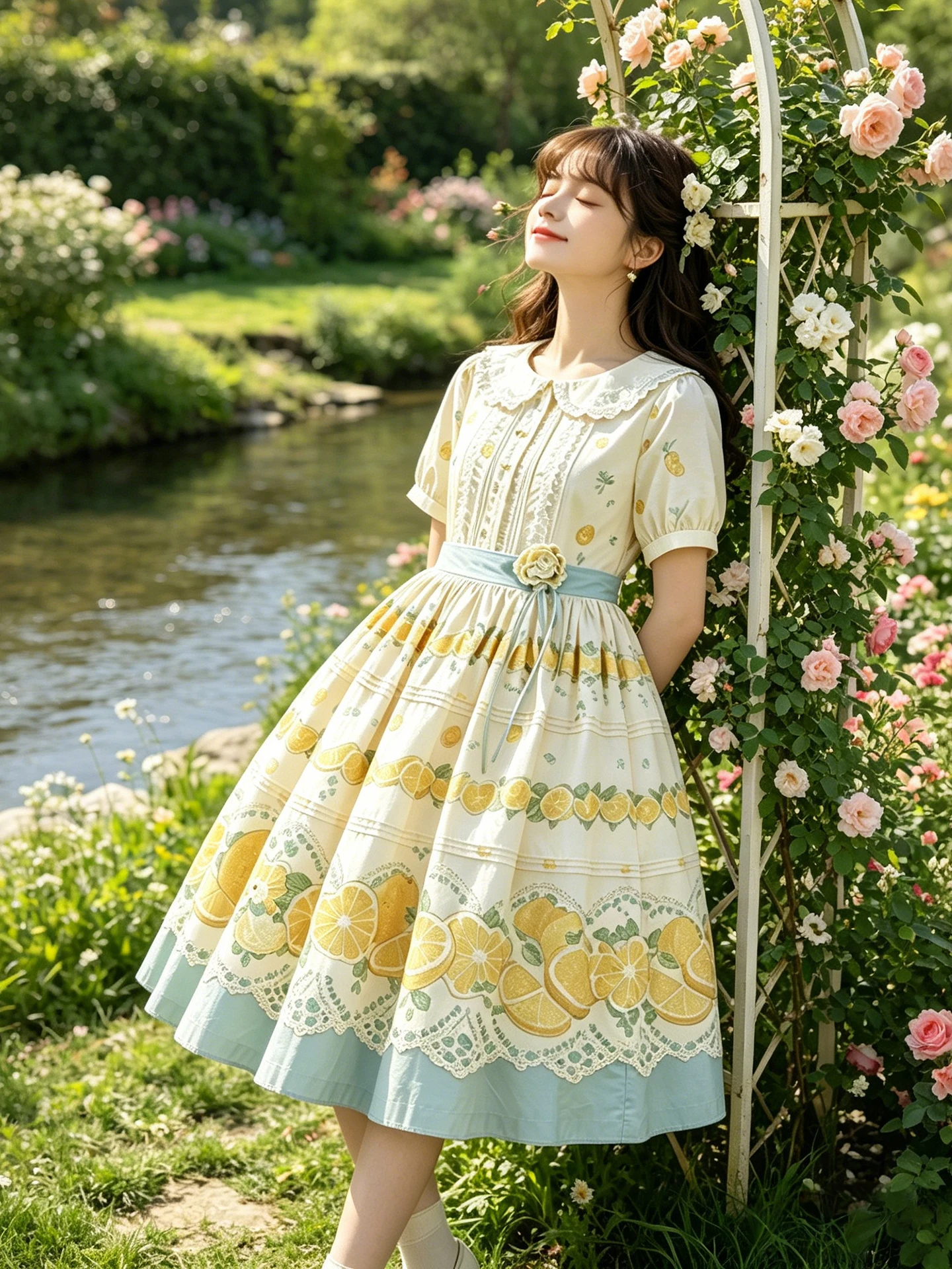 

Summer Lemon Print Lolita Girl Dress plus Size Loose Slimming Midi Skirt Cute Style Cotton Short Sleeve mid Waist A-Line Dress