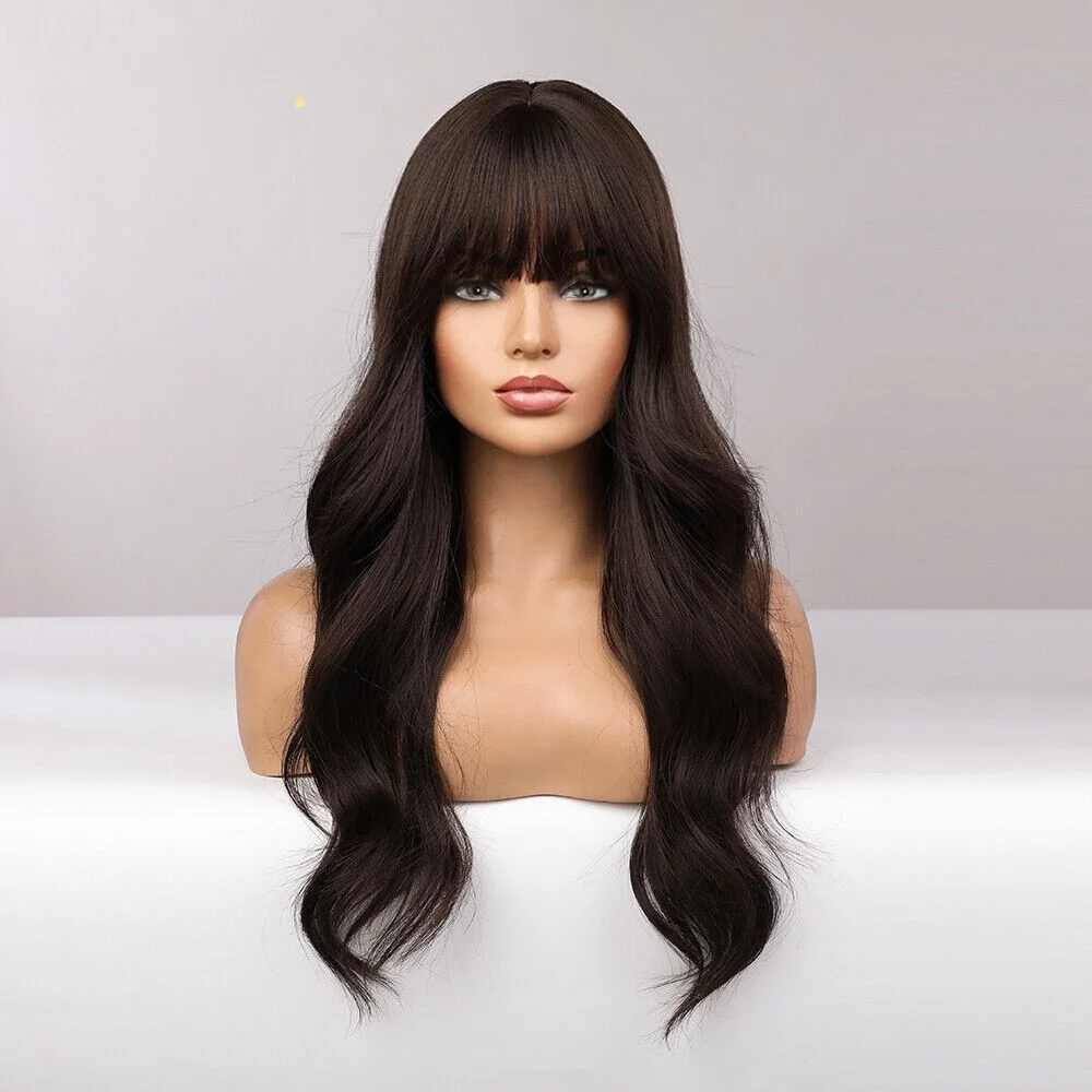 

Long Dark Brown Wavy Synthetic Hair Wigs with Natural Bangs for Women Daily Wig