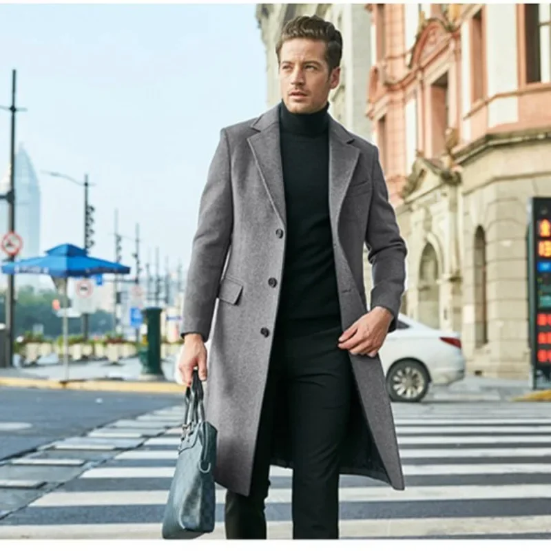 

2024 Autumn New Woolen Coat Men's Fashion Casual Long Sleeved Woolen Coats Trend Trench Coat Men