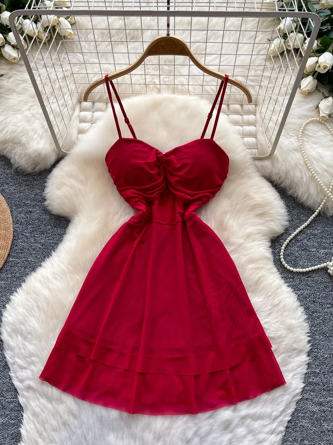 

Women's Red Mini Cami Dress Elegant Vintage A-line Dress Vacation Style Sexy Off Shoulder Sleeveless Dress for Women Summer 2026