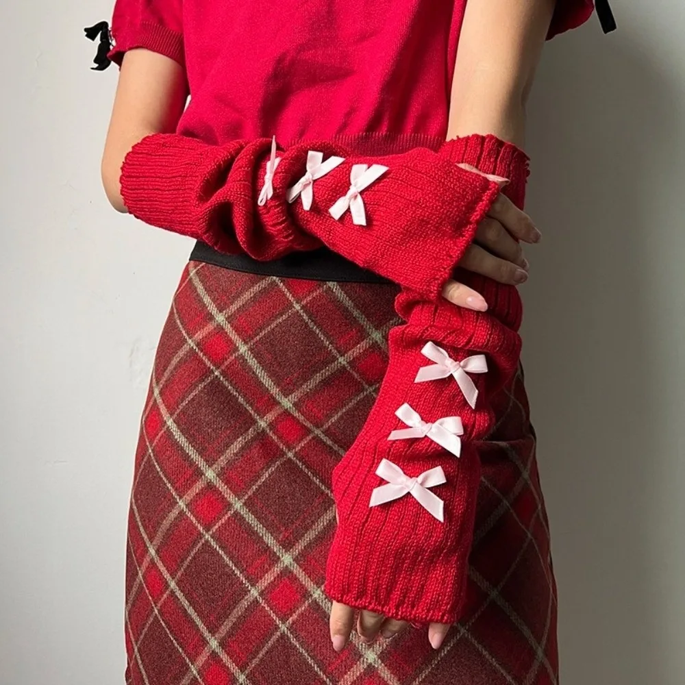 Preppy Slouchy Bow Knitted Arm Warmers Long Windproof Wrist Cuffs Stacked Warm And Comfortable Sleeve Covers Autumn