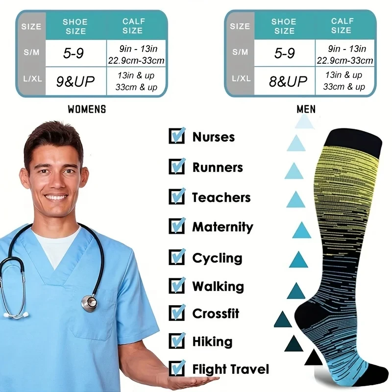 Running Compression Socks Football Hiking Golf Gym 20-30mmhg Gradual Change Nylon Sports Socks Diabetes Pregnancy Varicose Veins