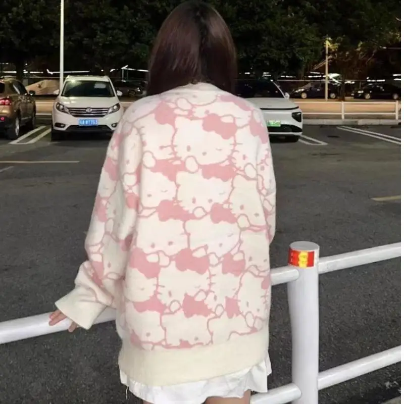Kawaii مرحبا كيتي سترة سانريو فتاة الرجعية الخريف والشتاء معطف كلية نمط الحياكة سترة سترة جديدة الكرتون فضفاض Y2K