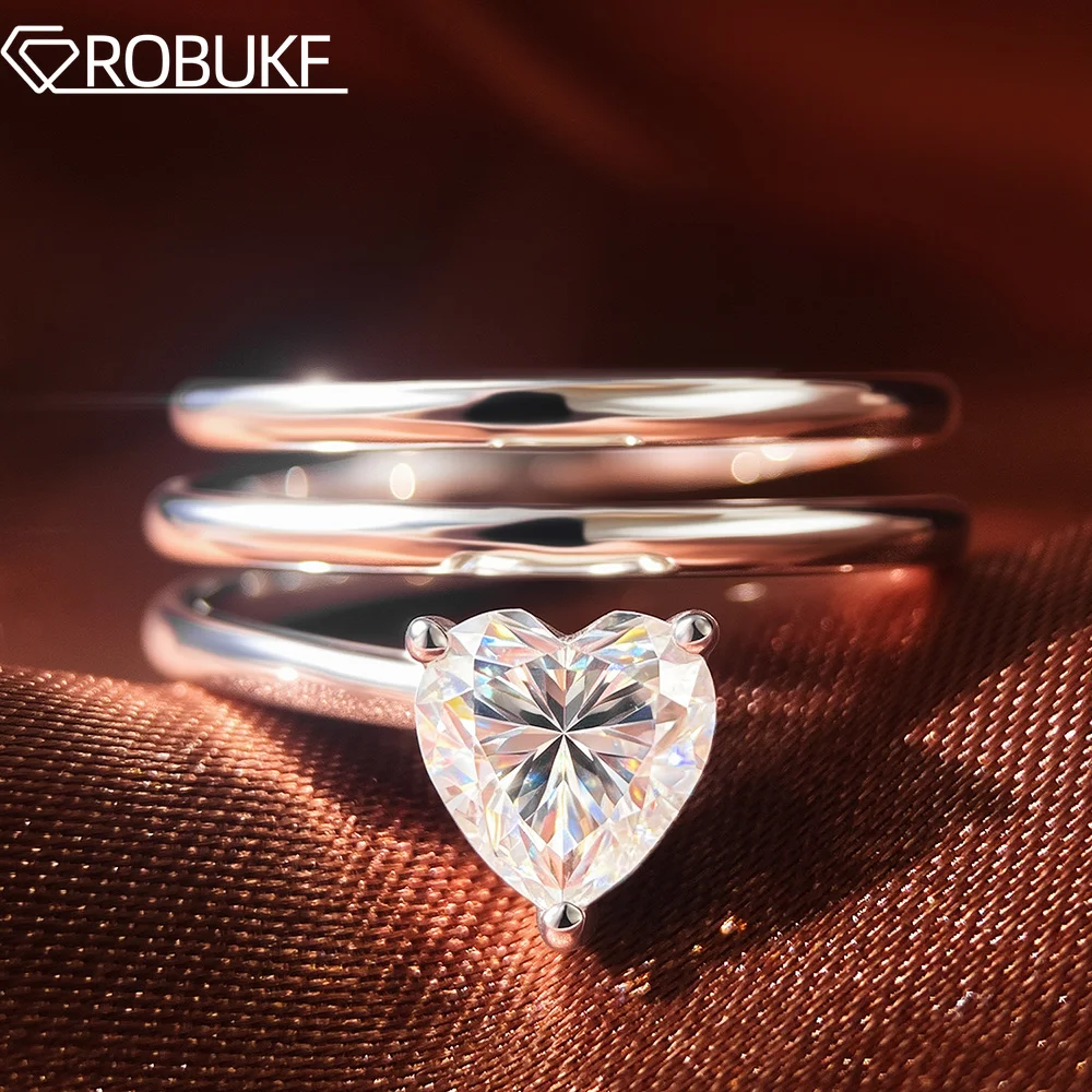 Certified 1CT Heart Cut Moissanite Solitaire Ring For Women D Color Lab Diamond S925 Silver 3 Circles Open Rings Party Jewelry
