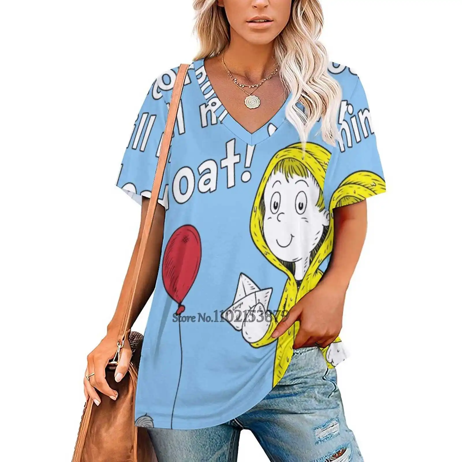 Georgie'S Boat Women's Clothing V-Neck Tops Zipper Tee Ladies Casual Sexy T-Shirt Horror Seuss Child Book Horror Book King