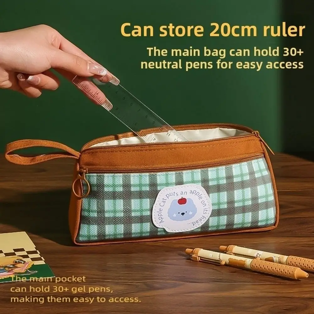 

Cloth Vintage Plaid Pen Bag Grid Pattern Cartoon Retro Grid Stationery Bag Cute Animal Large Capacity Pencil Pouch
