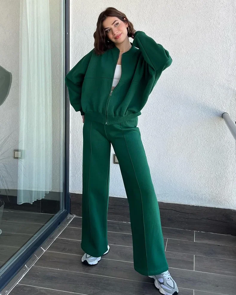 Autumn Casual Zipper Cardigan Sweatshirt Sets Women\'s 2024 Solid Color Fashion Loose Jacket Straight Pants Suit Tracksuit Outfit