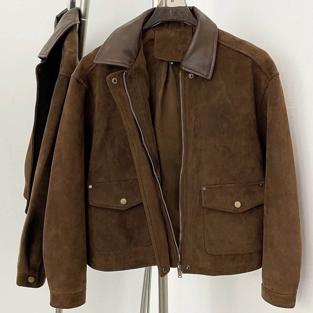 OFTBUY Giacca in pelle scamosciata artificiale femminile primavera autunno giacca in ecopelle moda donna corta PU cappotto in finta pelle tasche da donna