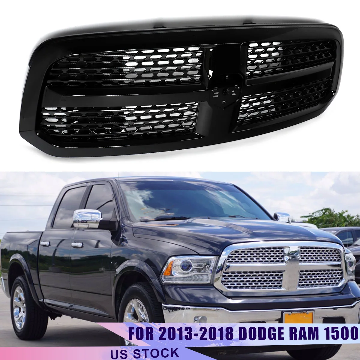 For Dodge RAM 1500 Laramie 2013-2018 Front Grills Bumper Grills Upper Grille Hood Mesh Grills Air Inlet Grid Grille Glossy Black