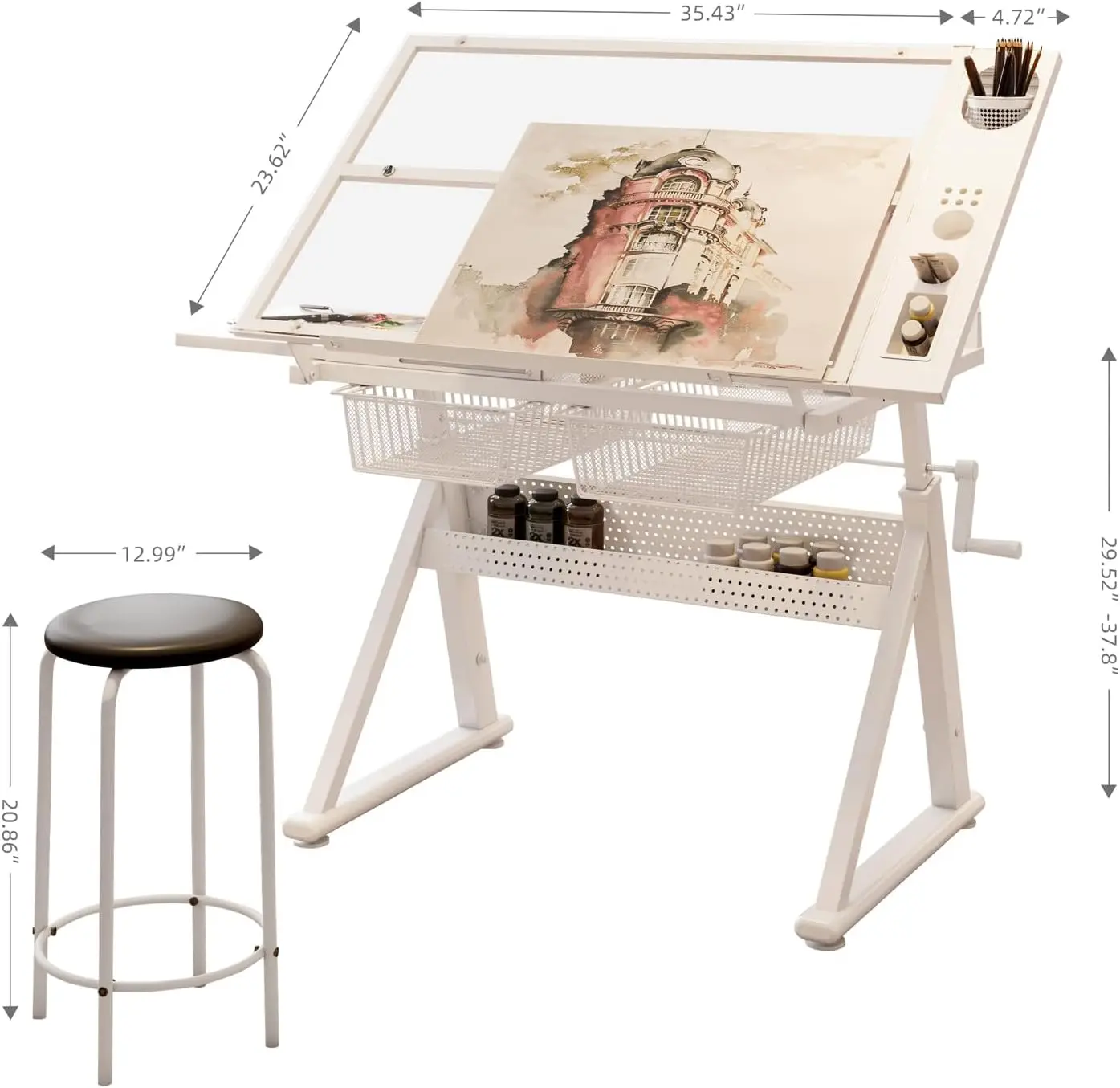 Adjustable Height Drafting Table with Storage Drawers & Stool for Adults, Glass Art Desk with Side Storage Strips, Drawing Table with Tilted Tabletop for Art Office Study (White+Glass A)