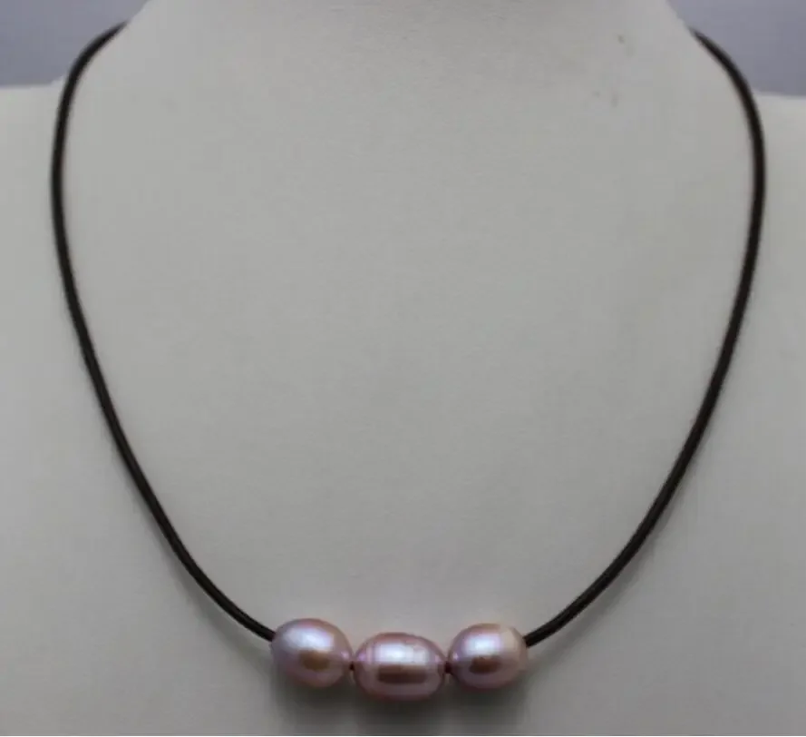 

brown leather 3beads natural colors purple fresh water pearl necklace10x12mm 17" AAA
