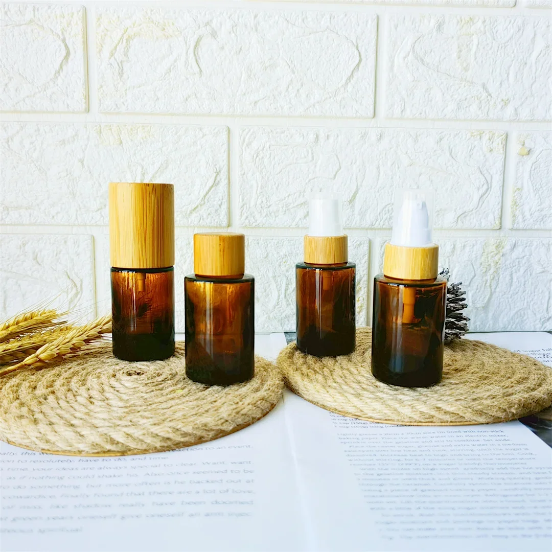 Amber Glass Cosmetic Packaging Empty Perfume Spray Travel Bottle Refillable Hand Sanitizer Shampoo Lotion Containers with Bamboo
