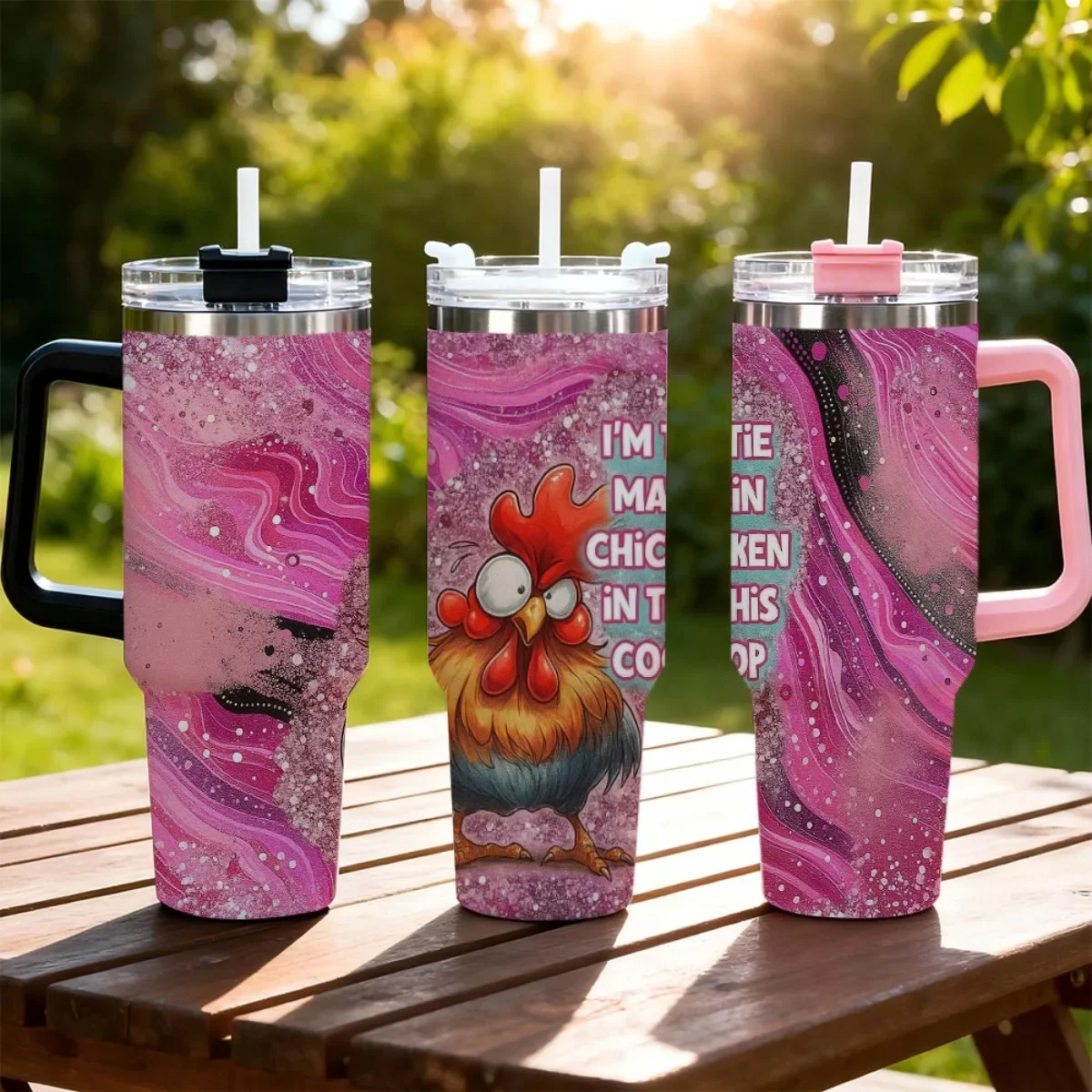 40oz Tumbler with Handle Funny Rooster Print Insulated Cup, Other Colors Out of Stock, Random Black‑White Shipment