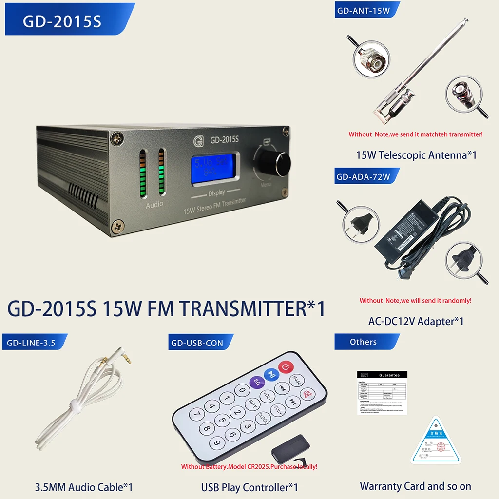 

15W FM Transmitter Radio Station frequency：76-96MHz transmitter+antenna+adapter