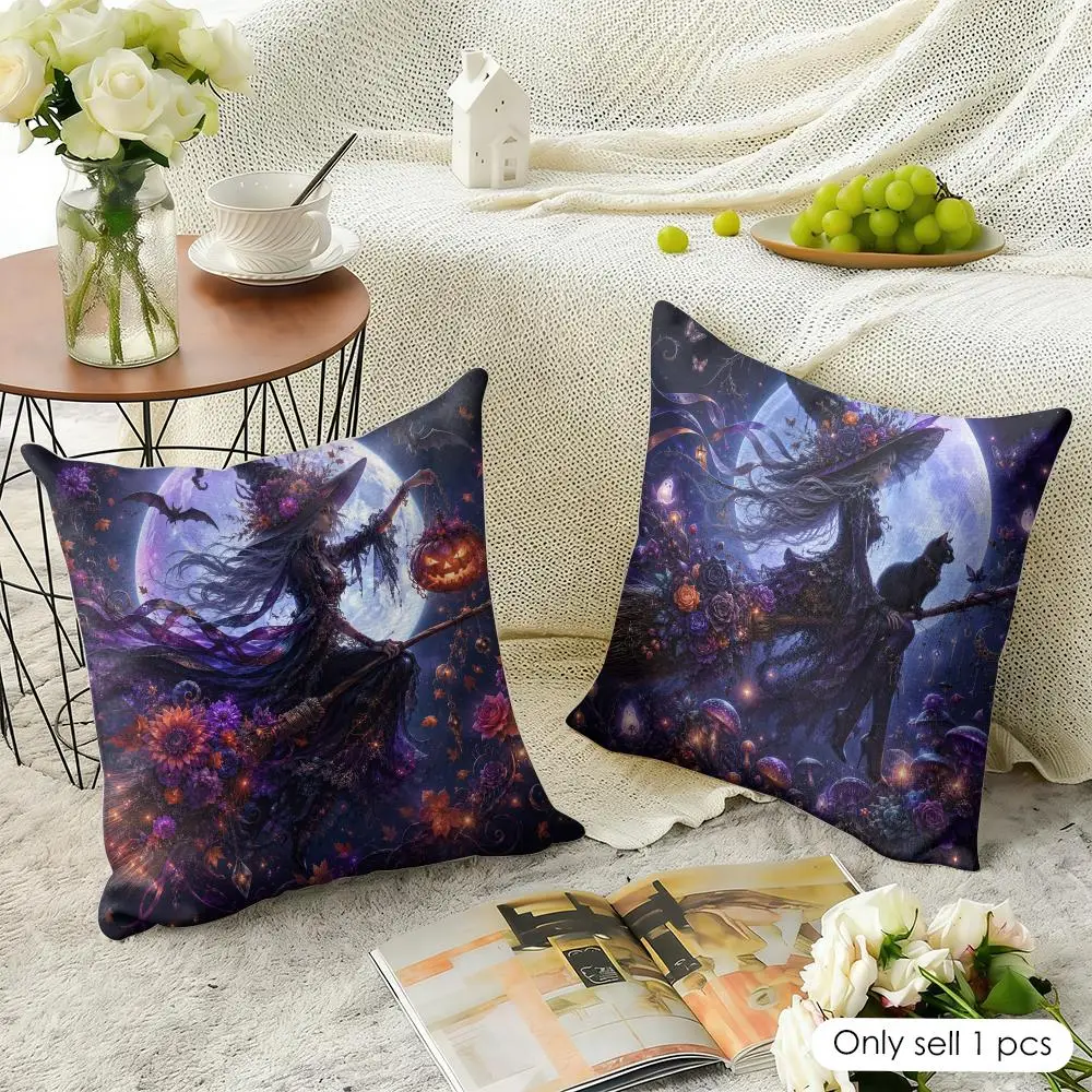 Midnight Moon Witch Cushion Cover Linen Throw Soft Decorative  for Bed Sofa Car Home Decor Pillowcase 45x45cm