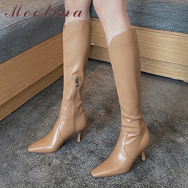 

Meotina Women Genuine Leather Knee High Boots Square Toe High Heel Zipper Ladies Strange Style Long Boot Autumn Winter Shoes