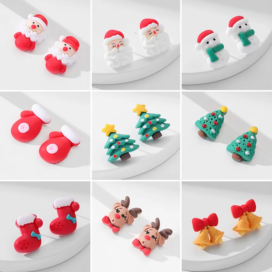 

2Pcs Resin Christmas Ornaments Stud Earrings for Women Santa Claus Snowman Elk Christmas Tree Gloves Small Earring New Year Gift