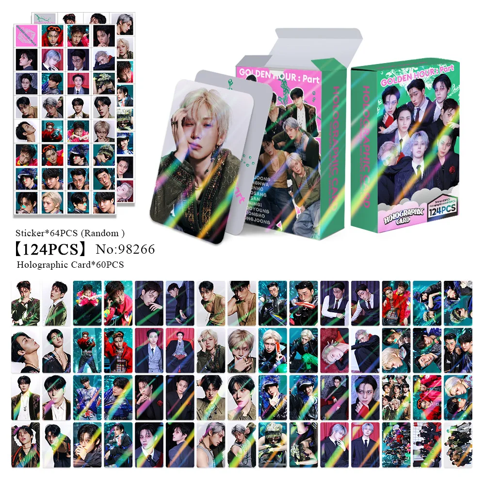 124Pcs/Set ATEEZ New Album GOLDEN HOUR Part.5 Laser Card Lomo Cards Stickers Seonghwa Hongjoong Yunho Mingi Hongjoong Fans Gifts