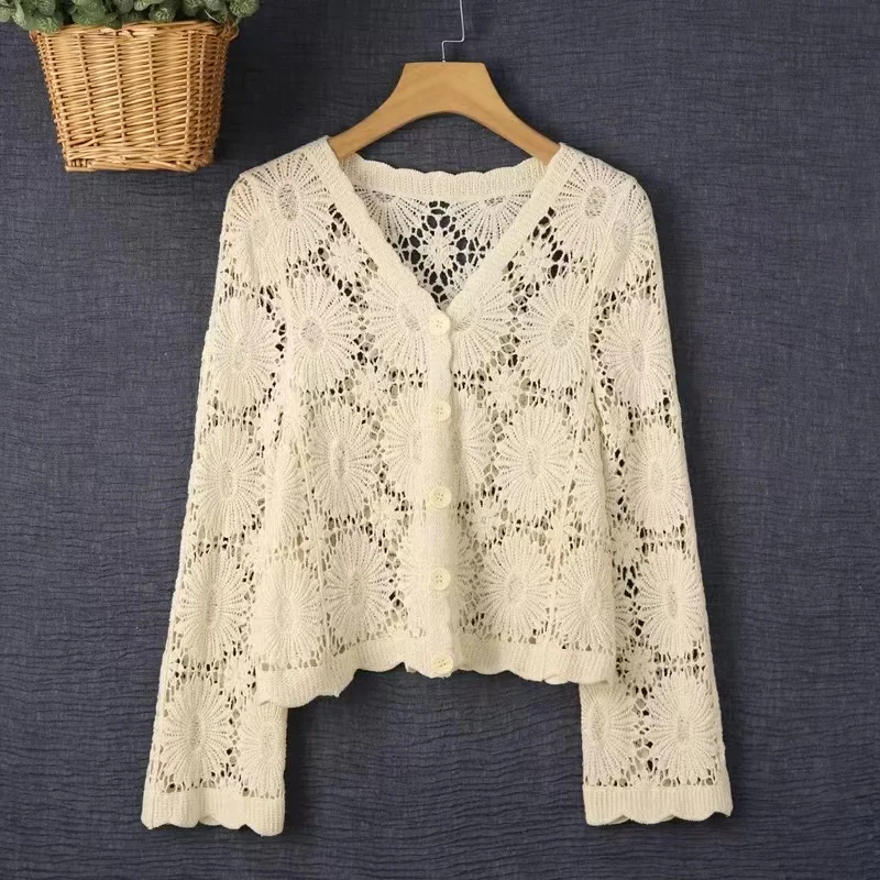 

2024 Spring Summer Women Hollow out Crochet Blouse Long Sleeve Knitted Cardigan Tops Korean Sun Protection Lace Shirt