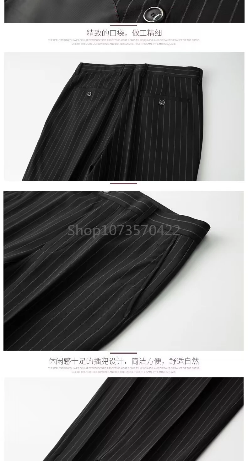 Black Striped Men Suits Slim Fit Peak Lapel Double Breasted Blazer Wedding Groom Tuxedos 2 Piece Business Set (Jacket+Pants)