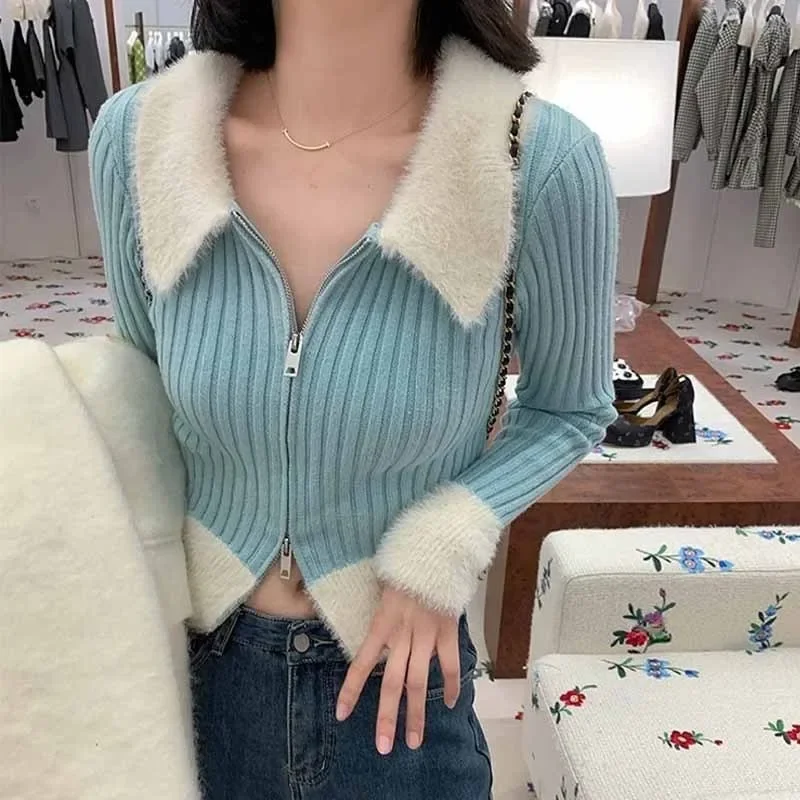 Vintage Fashion Zipper Fake Fur Callar Knitted Cardigans Solid Slim Long Sleeve Cropped Tops Y2K Sweet Jackets E-girl Streetwear