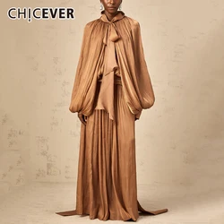 CHICEVER Luxury Chic Prom Robe for Women Scarf Collar Lantern Sleeve High Waist Temperament Pleated Evening Dress Female Clothes
