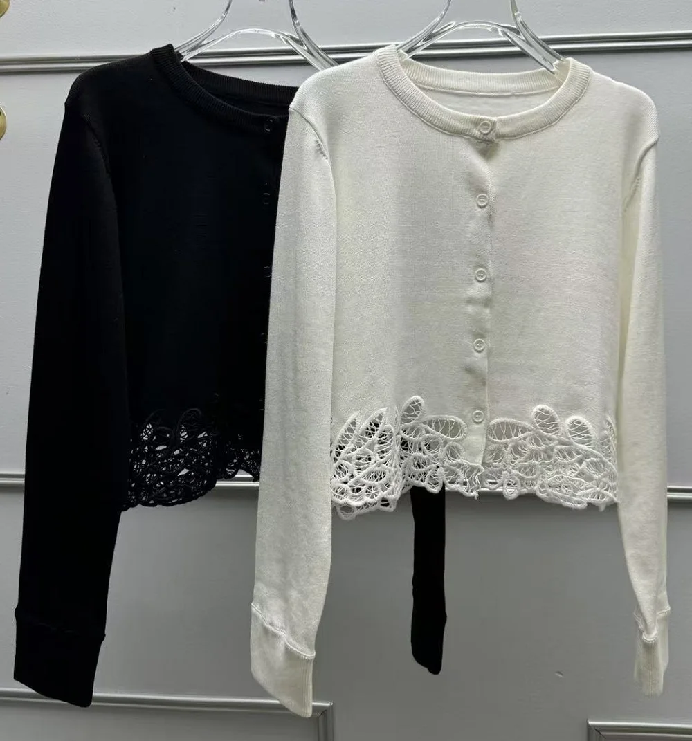 

100%Cotton Knitted Cardigans 2025 Autumn Designer Fashion Lady Hollow Out Embroidery Patchwork Long Sleeve White Black Cardigans