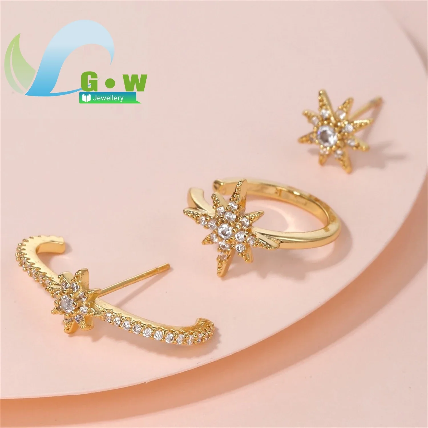 Gold Plated Star Stud Earrings Set for Women Micro Inlaid Zirconia Geometric European American Style Fashion Daily Jewelry
