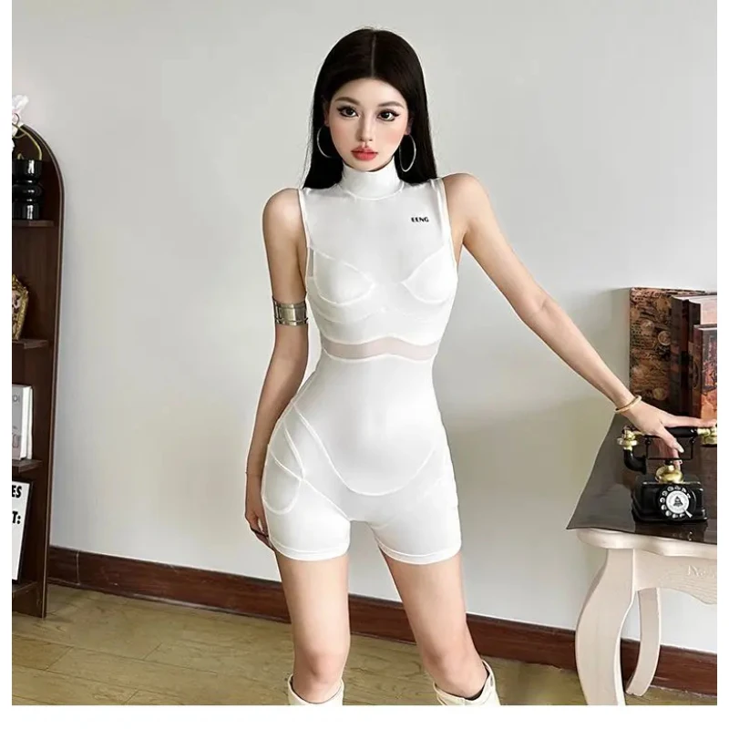 Cold Hearted High Street Motorcycle Hot Girl Tight Fitting Half High Neck Sleeveless Jumpsuit Sexy See Through Jumpsuit Rompers