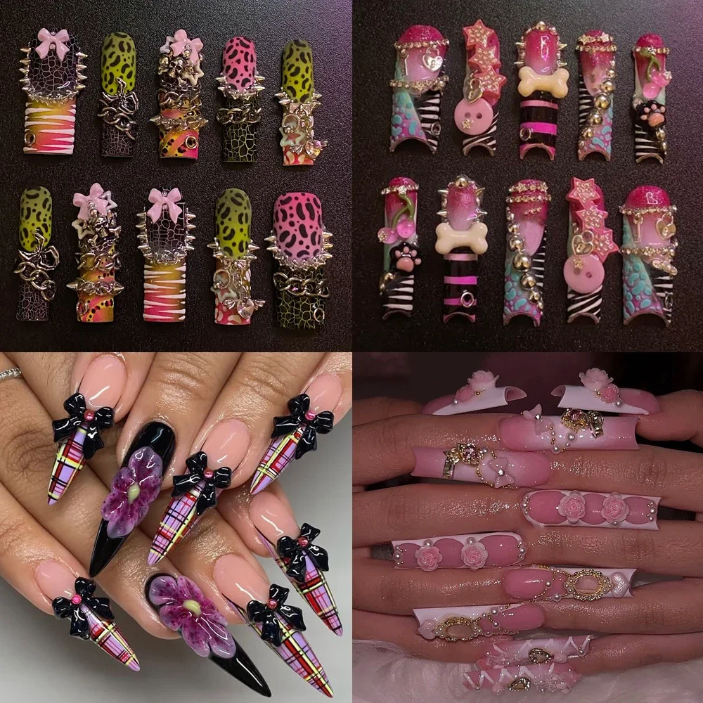 

Y2K Dark Gothic Spice Girl Style Handmade Fake Nails Rivets Chain Diamond 3D Flower Long Coffin Stiletto Bowknot Press On Nails