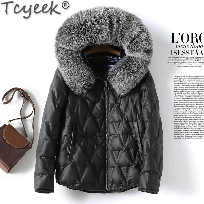 Tcyeek Winter Hooded Women's Leather Jacket Women Clothes 2021 Real Fox Fur Collar Warm Down Coats Female Casaco Feminino Gxy