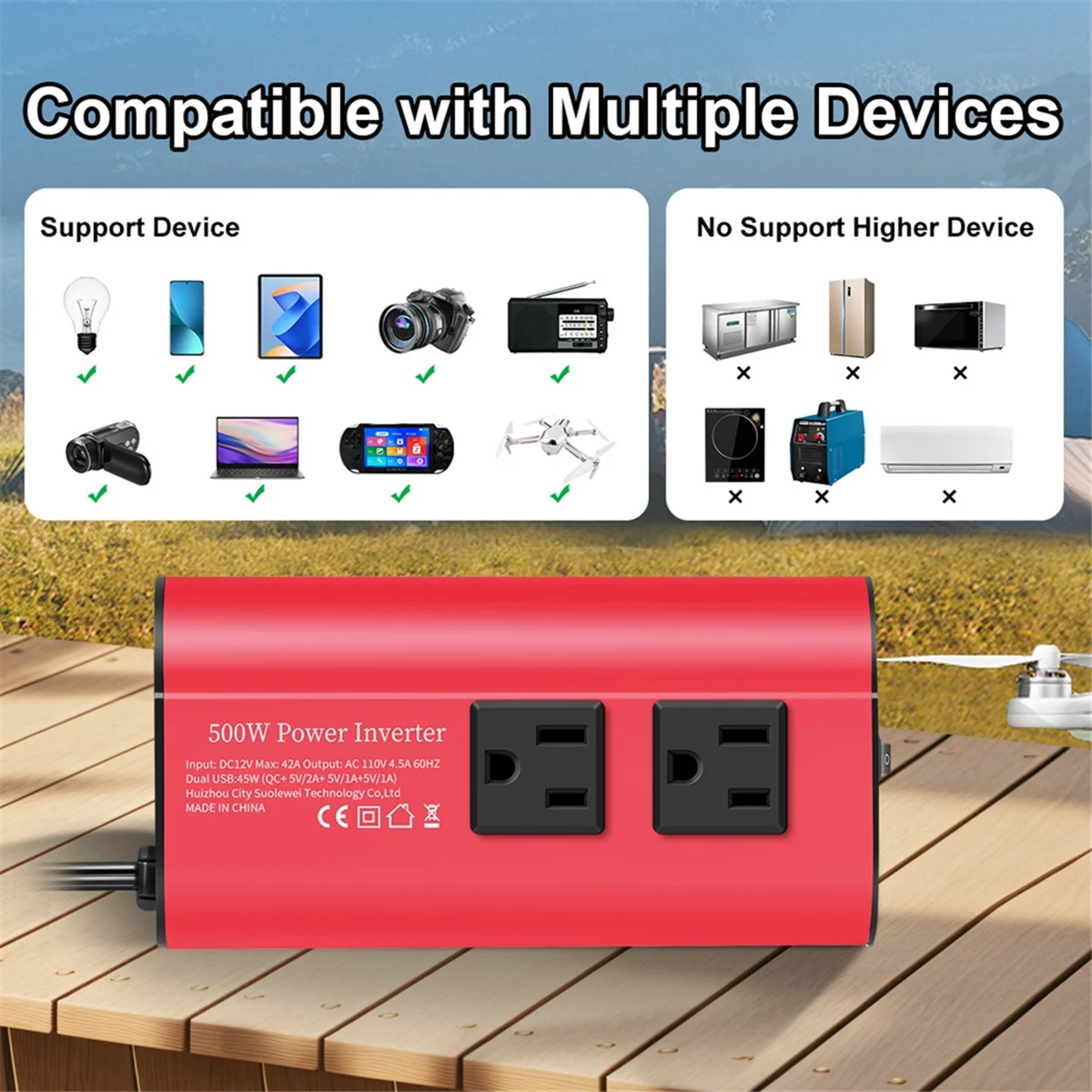 AT42 자동차 인버터 500W DC 12V ~ 110V AC 자동차 인버터 변환기 미국 표준 소켓이있는 자동 변압기