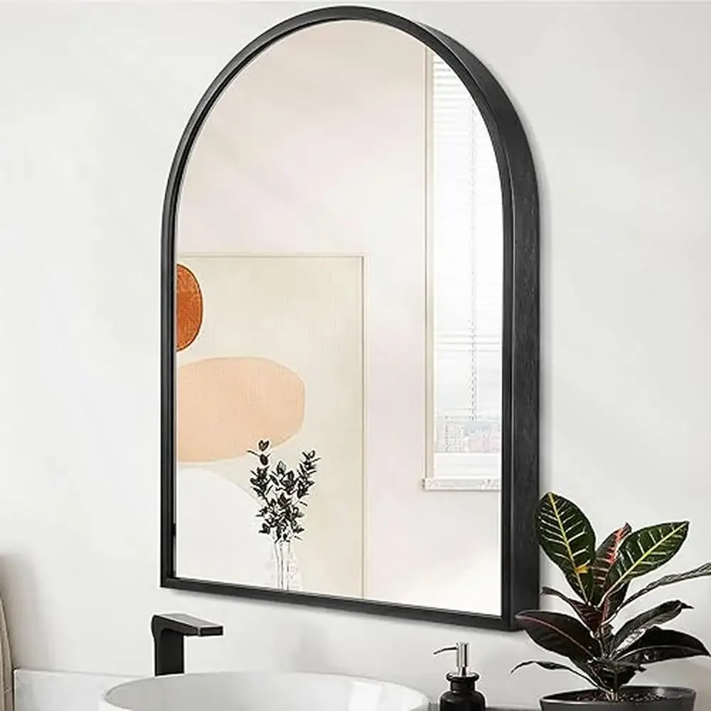 

Large Black Arched Wall Mirror 20"x16" Metal Frame HD Silver Vanity Decoration Bedroom Entryway Living Room Decor Mirror