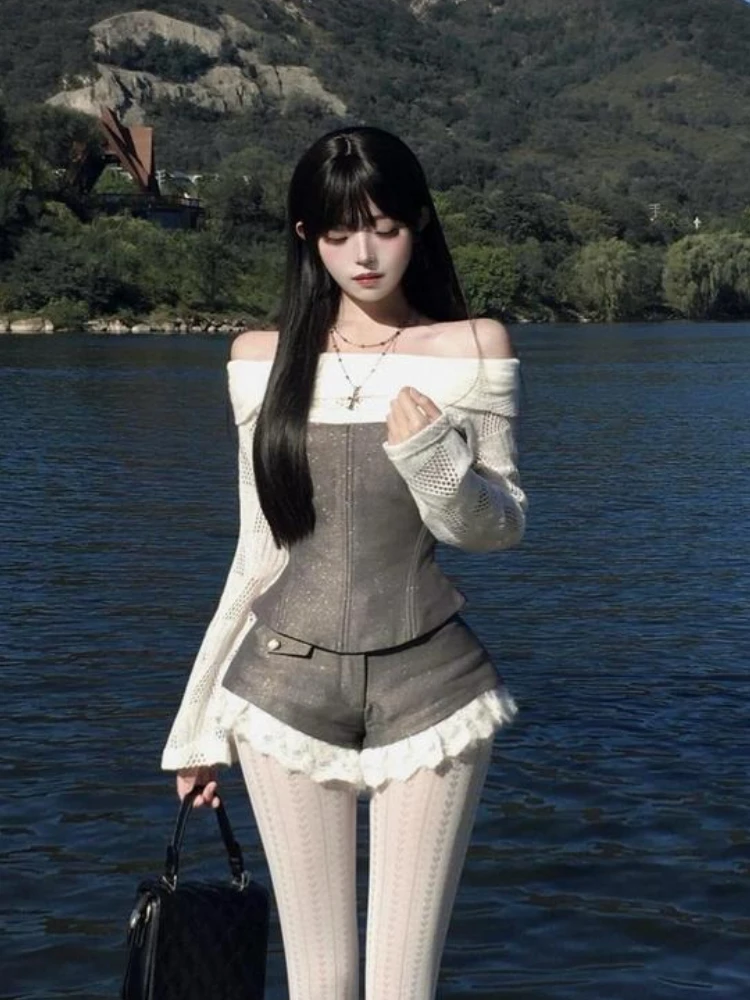 Conjunto de 2 piezas de moda coreana de otoño para mujer, Tops sexys con hombros descubiertos + pantalones cortos de encaje de cintura alta, conjuntos de moda elegantes nuevos