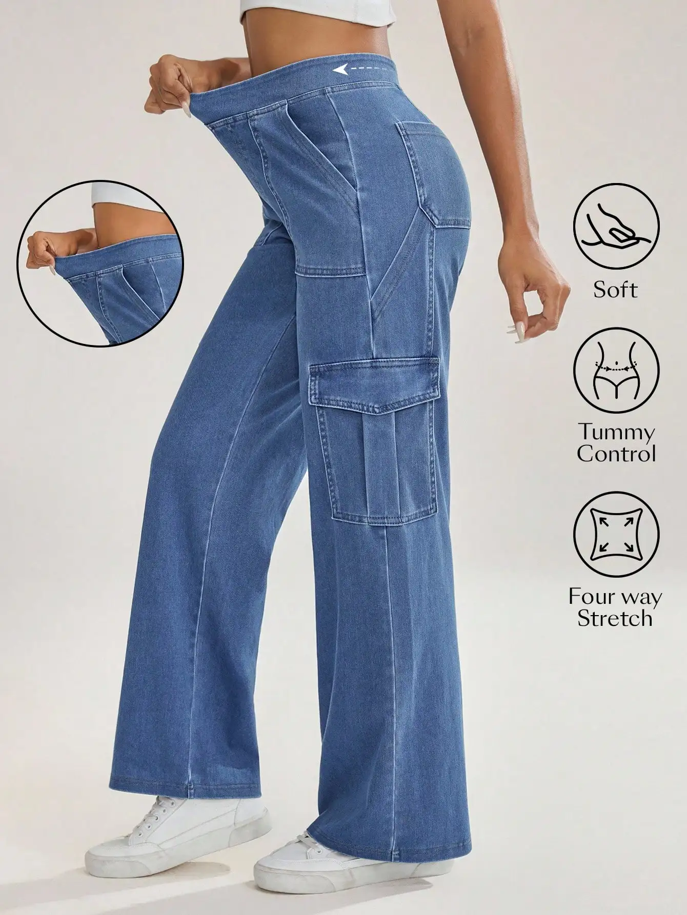 

Женские джинсы карго с высокой талией, широкими штанинами, эластичные, с эффектом утягивания живота