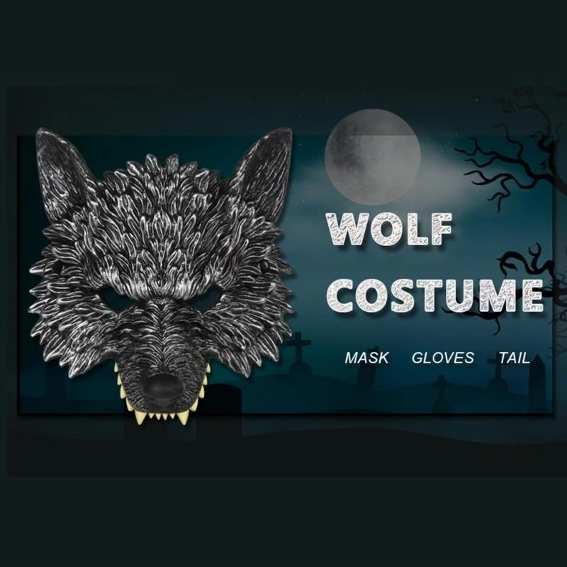 5asd 2/3 szt. Halloween kostium wilkołaka kostium wilka maska ​​wilka, ogon wilka lisa, zestaw rękawiczek przebranie na zestaw