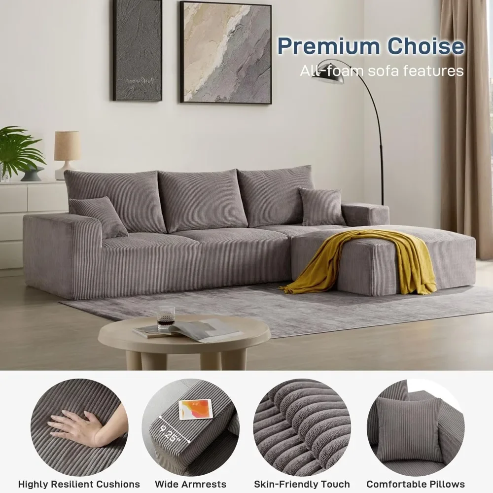 113'' Grey 3 Seater L-Shaped Lounge Cloud Couch-No Assembly Modular Corduroy Convertible Sponge Compression Sofas with Chaise