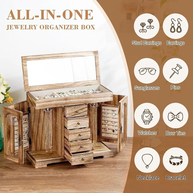صندوق مجوهرات خشبي ريترو حلقة أقراط صناديق تخزين مرآة القلائد الكبيرة سوار عرض لوازم تغليف المجوهرات