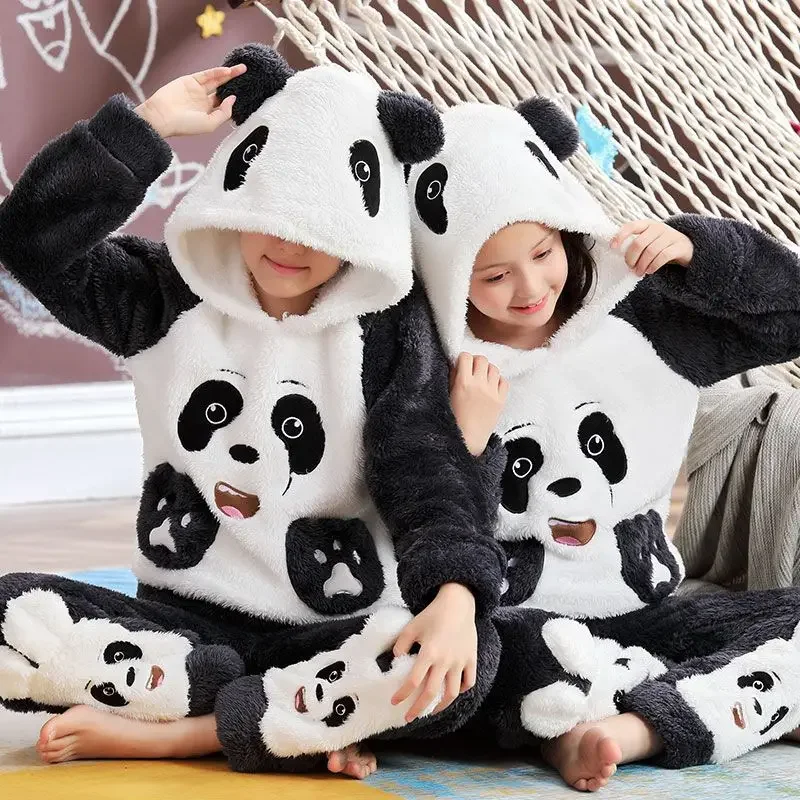 Winter Panda Pajamas Sets for Children Flannel Warm Hooded Sleepwear Boys Thicken Homewear Girls Night Suit Animal Pyjamas Kids