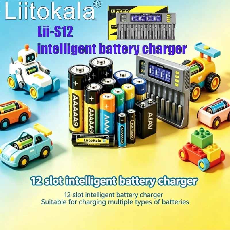 LiitoKala Lii-S12 12-Slot LCD Battery Charger For Li-ion LiFePO4 Ni-MH Ni-Cd 9V 21700 20700 26650 18650 16340 18350 RCR123 18700