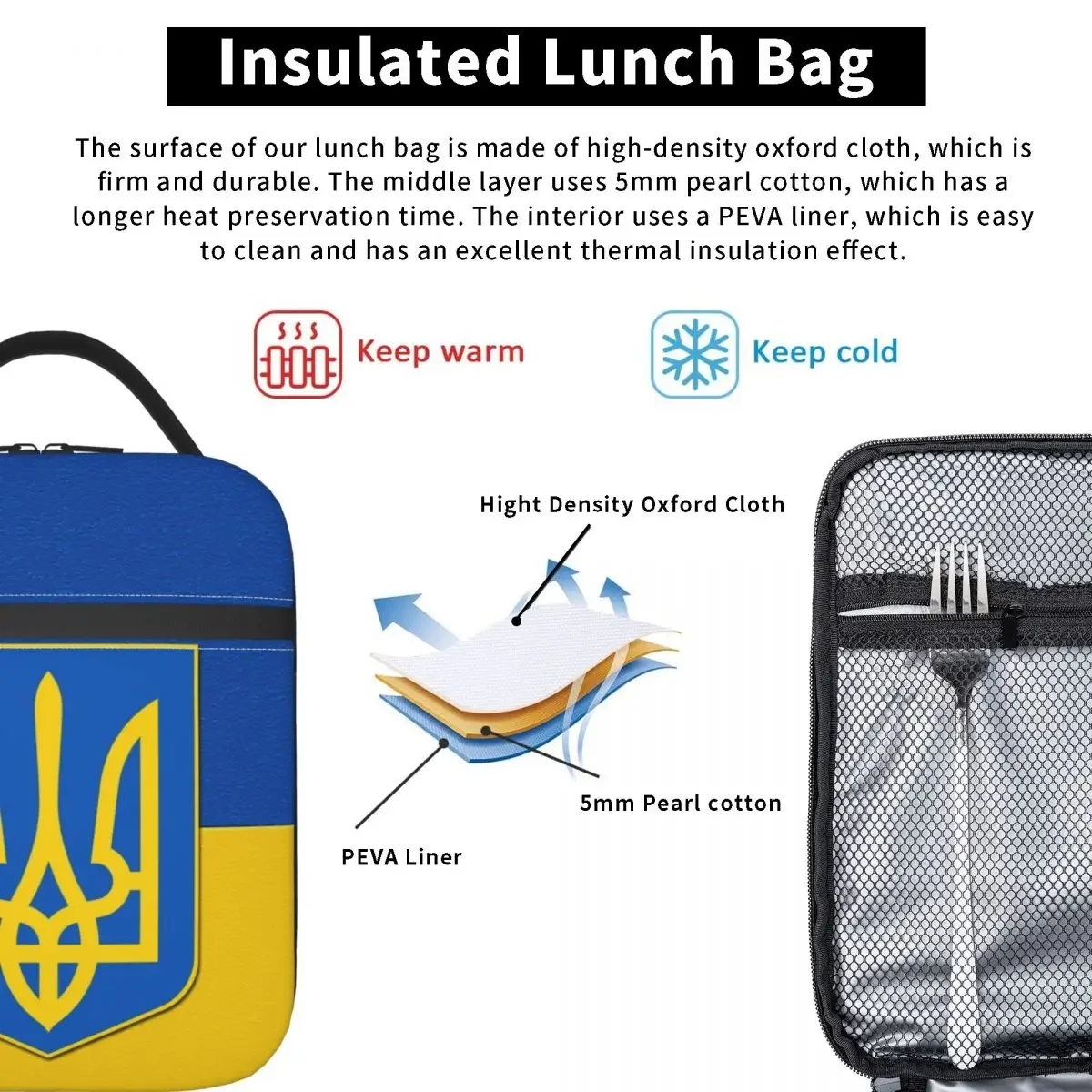 Flag Of Ukraine And Coat Of Arms Of Ukraine Thermal Insulated Lunch Bag Ukrainian Patriotic Lunch Container for Outdoor Food Box