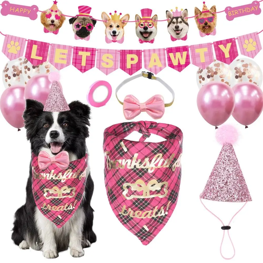 3/13pcs Cute Pet Birthday Party Set Cartoon Happy Birthday Banner Dog Birthday Bib and Party Hat Soft Sequins Hat